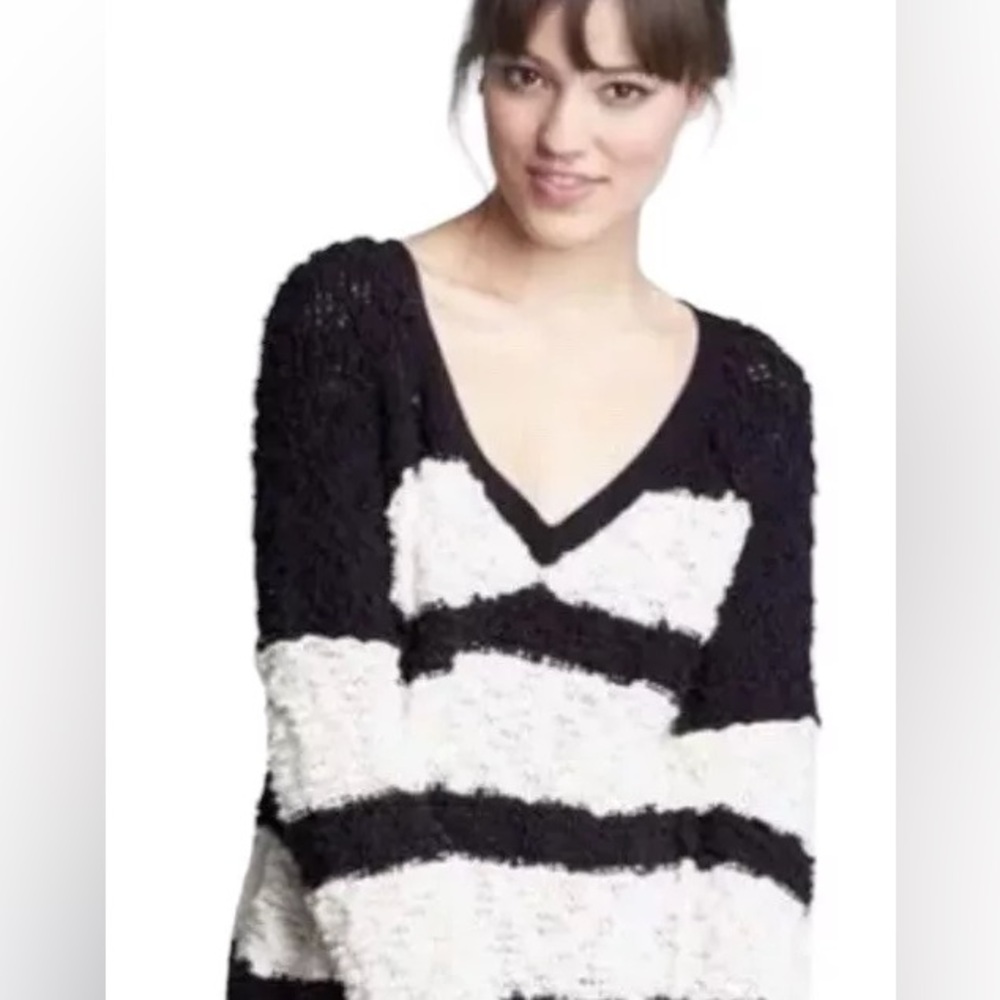 Free People Black White Stripe Songbird Boucle Knit Sweater Slouchy Oversized S